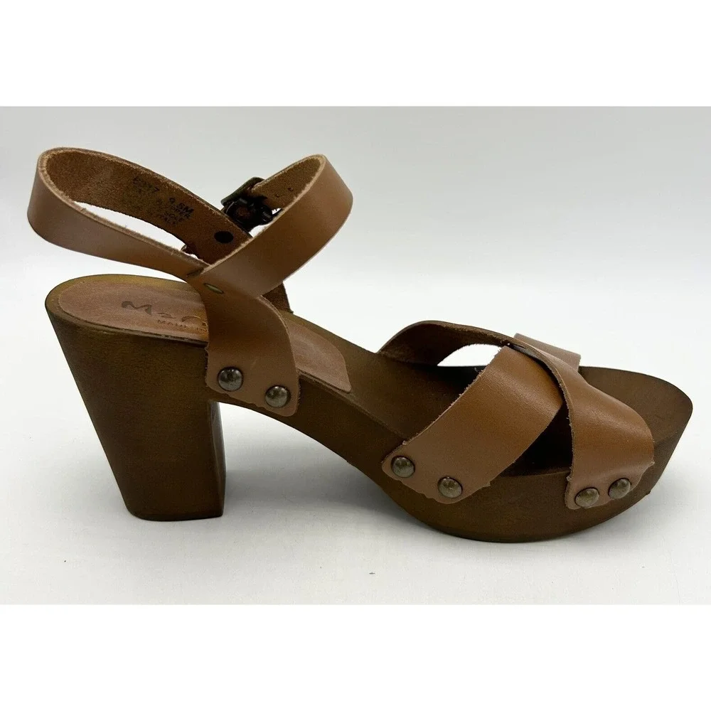 Mariella Sandals Womens 9.5 M Brown Leather Block Heels Wood Look Made in Italy